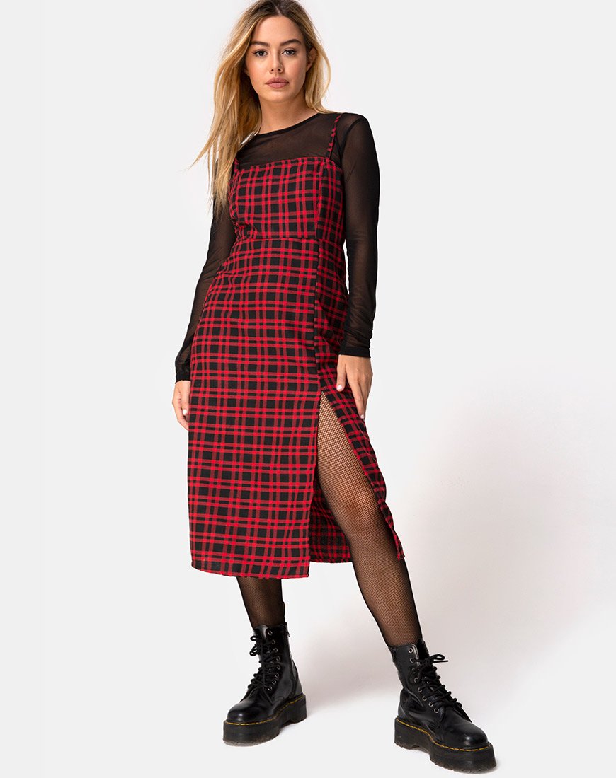 Vestido Kaoya Midi a cuadros rojos y negros
