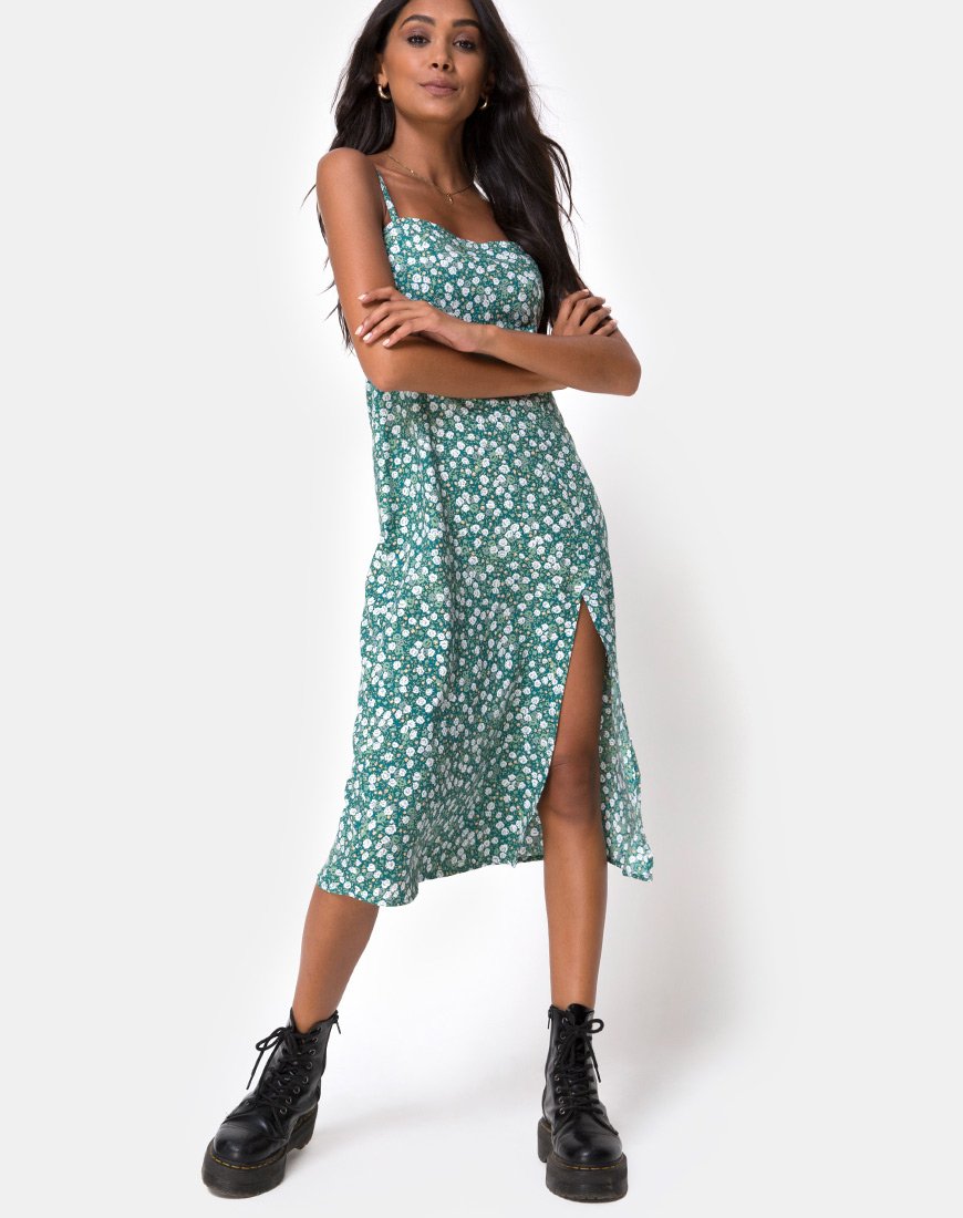 Vestido Kaoya Midi Verde Campo Floral