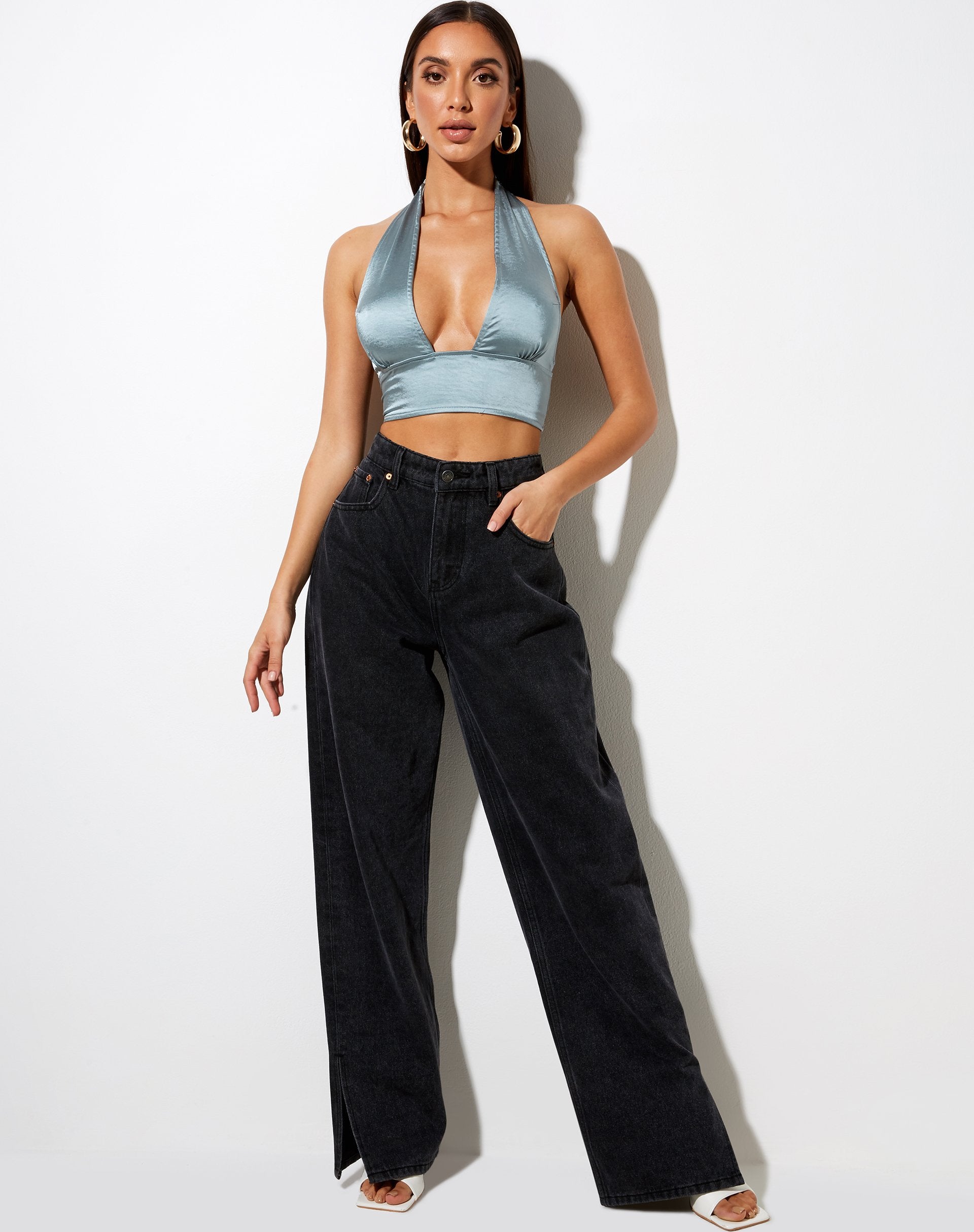 Imagen de Keiza Crop Top de satén azul plateado