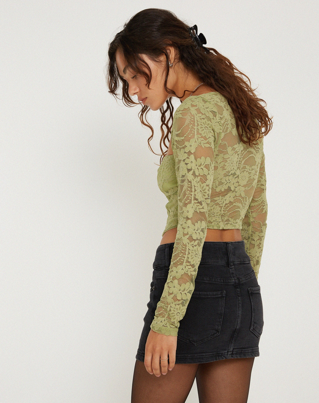 Khafila Top Corsé de Manga Larga en Encaje Verde