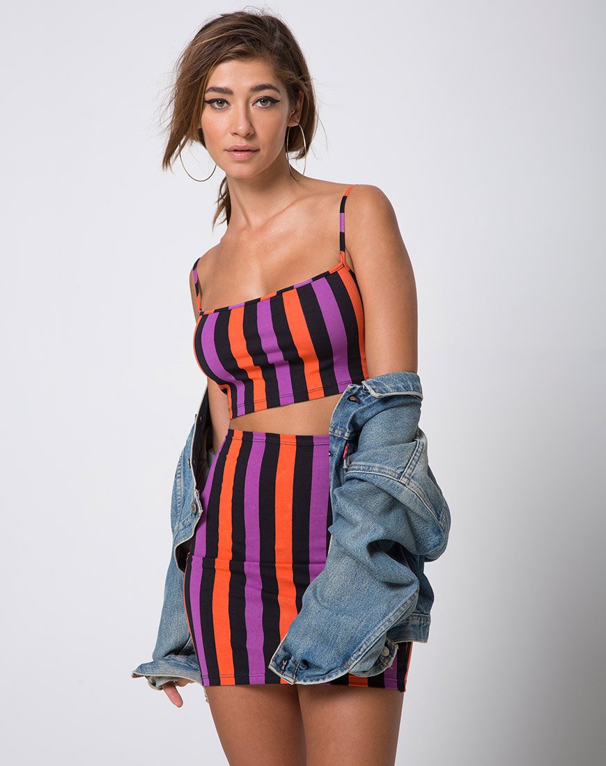 Falda Kimmy Bodycon a rayas moradas y naranjas