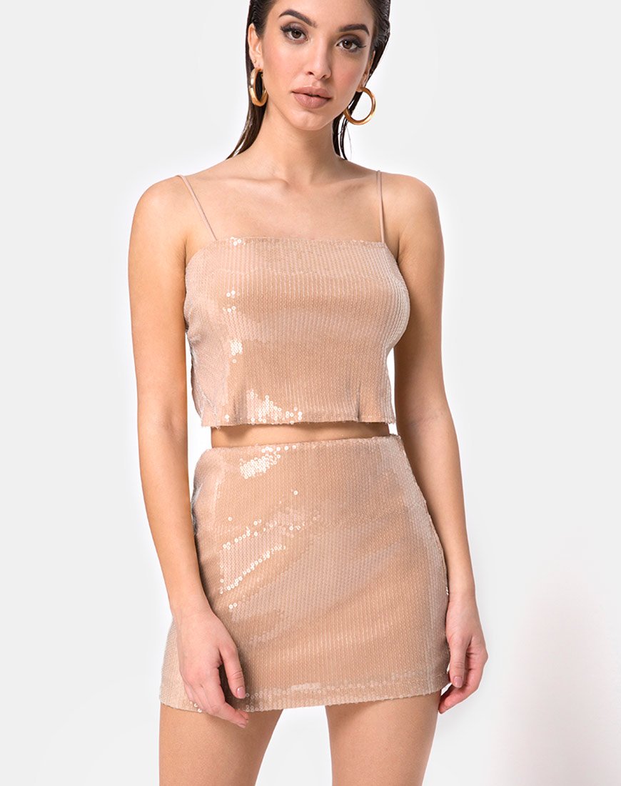 Imagen de Champo Crop Top en camel con lentejuelas transparentes