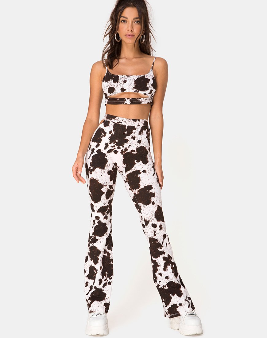 Pantalón Kiva en piel de vaca marrón y blanca