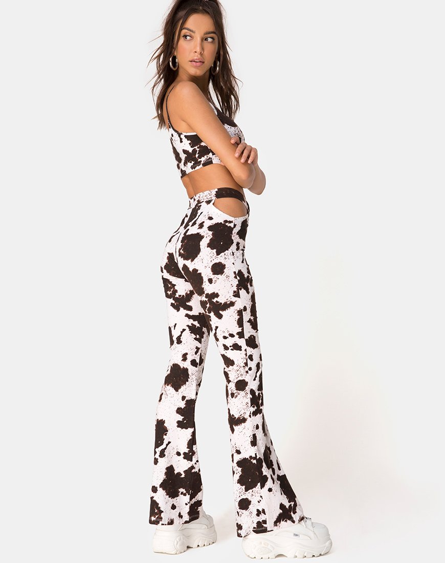 Imagen del pantalón Kiva de piel de vaca marrón y blanco