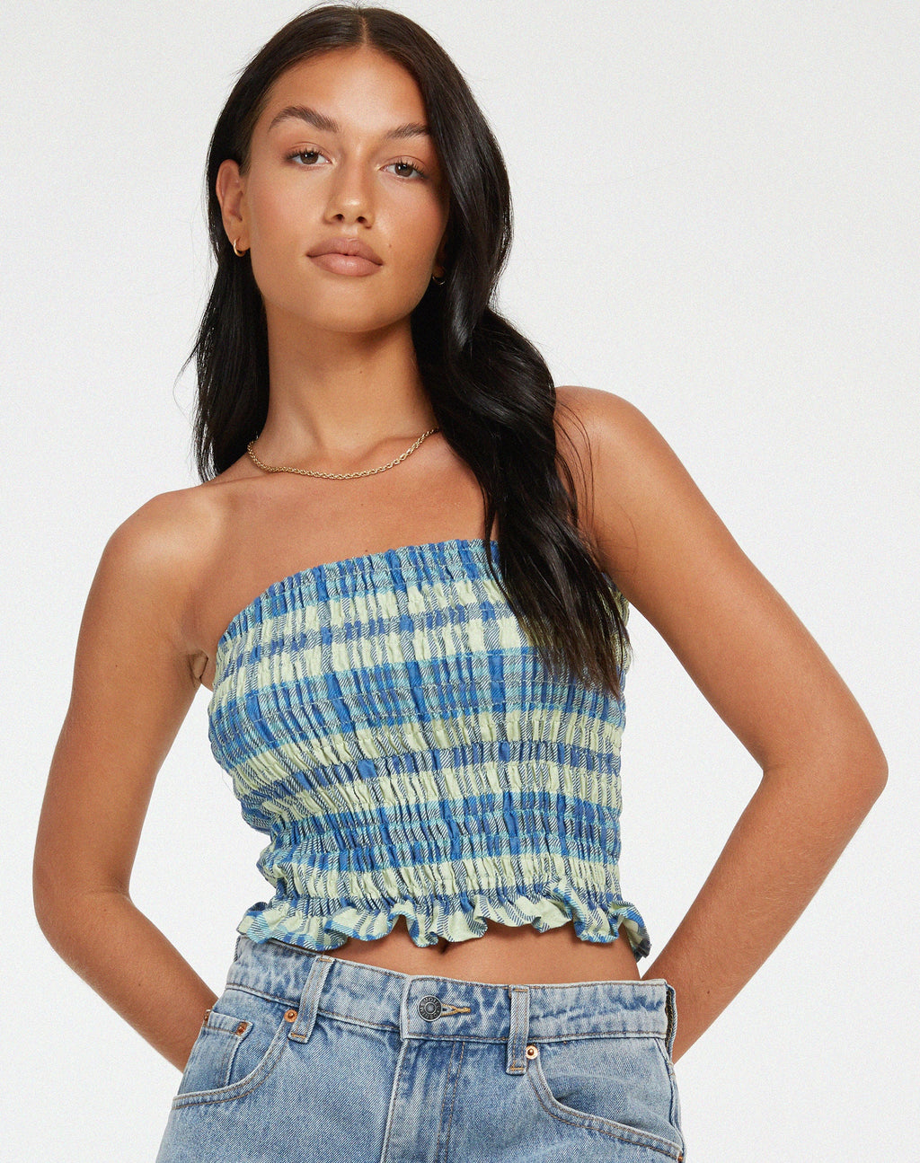Kiyo Bandeau Top en cuadros verdes y azules de Colourpop