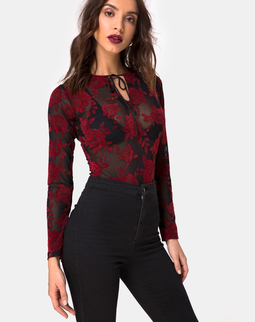 Corpiño Korina en romántico flock de rosas rojas