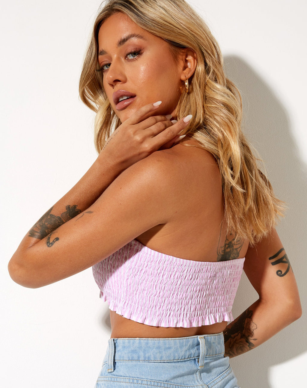 Kupkee Bandeau Top a Rayas Verticales Rosa y Blanco