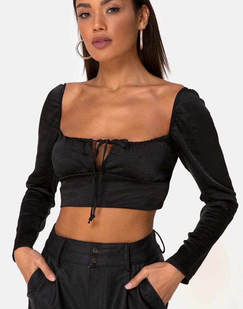 Laman Crop Top de satén negro