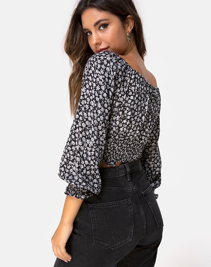 Lancer Crop Top en Ditsy Rose Negro