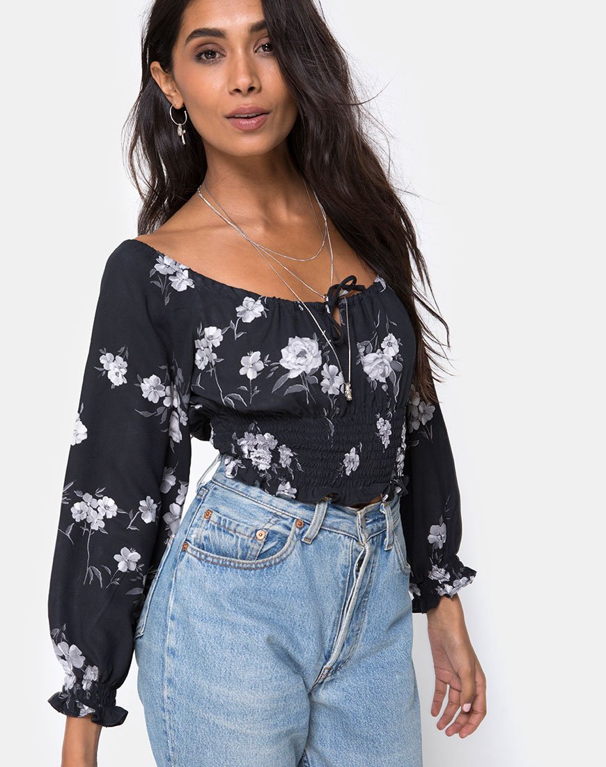 Lancer Crop Top en Mono Flor Negro