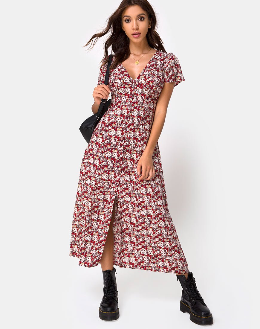 Vestido Larin Midi Rojo Encanto Floral