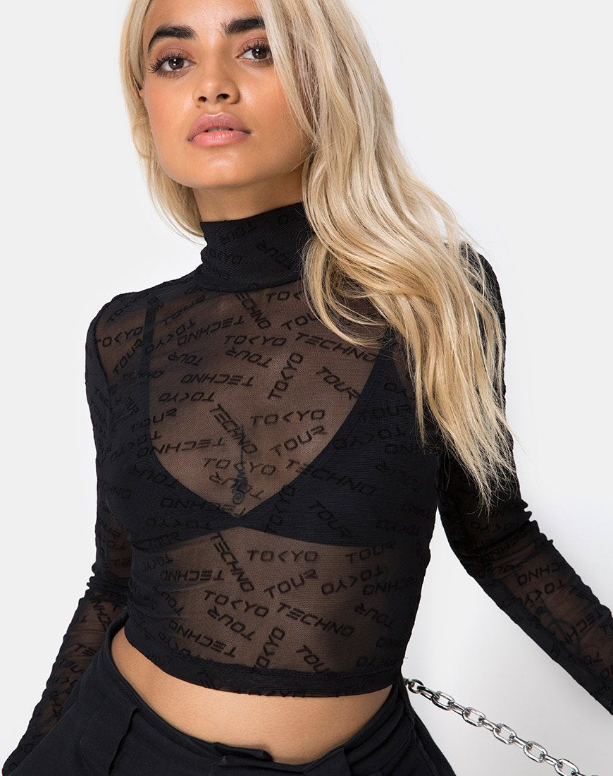 Lara Crop Top en malla negra Tokyo Techno