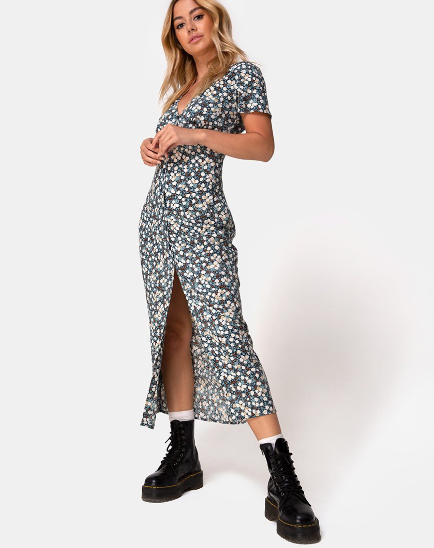 Vestido Larin Midi en Floral Campo Azul Marino