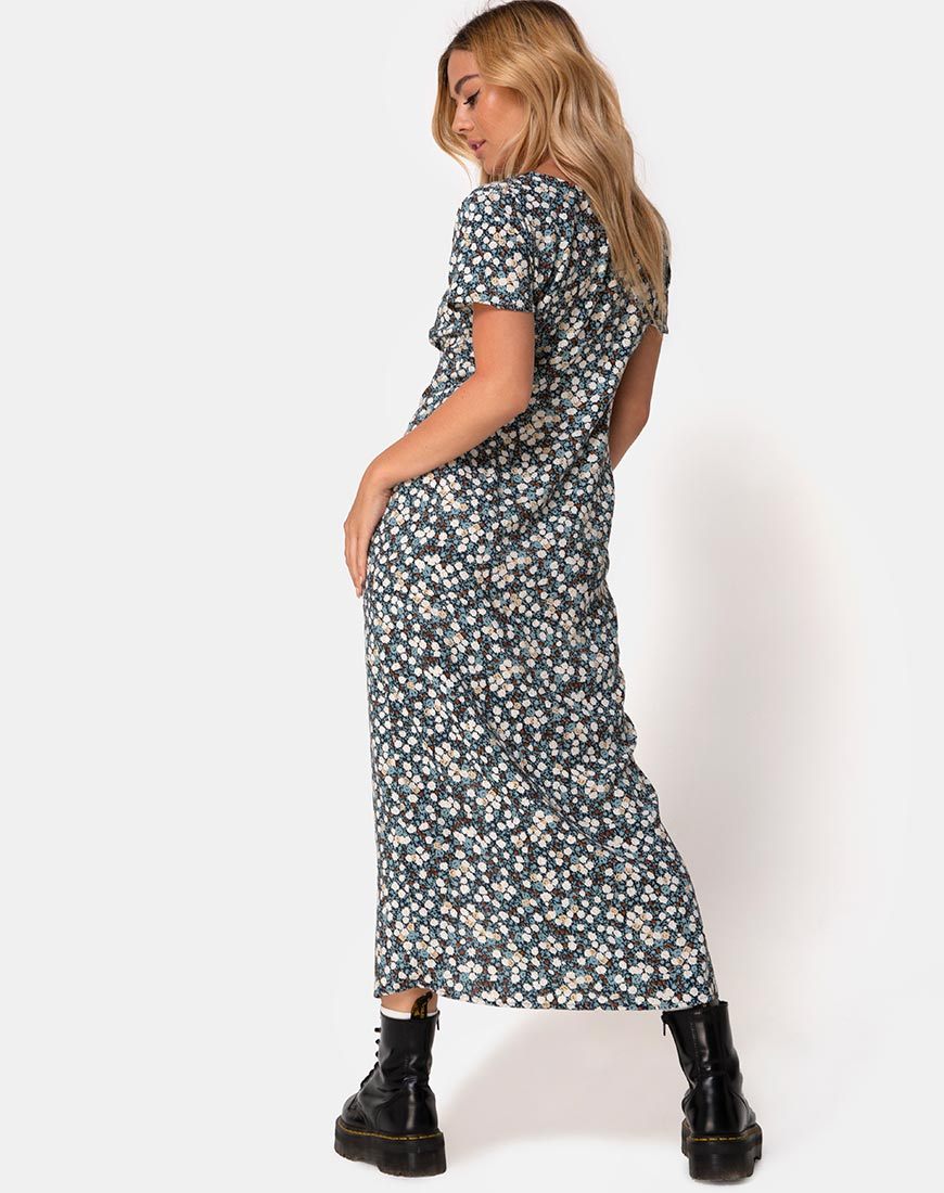 Vestido Larin Midi en Floral Campo Azul Marino