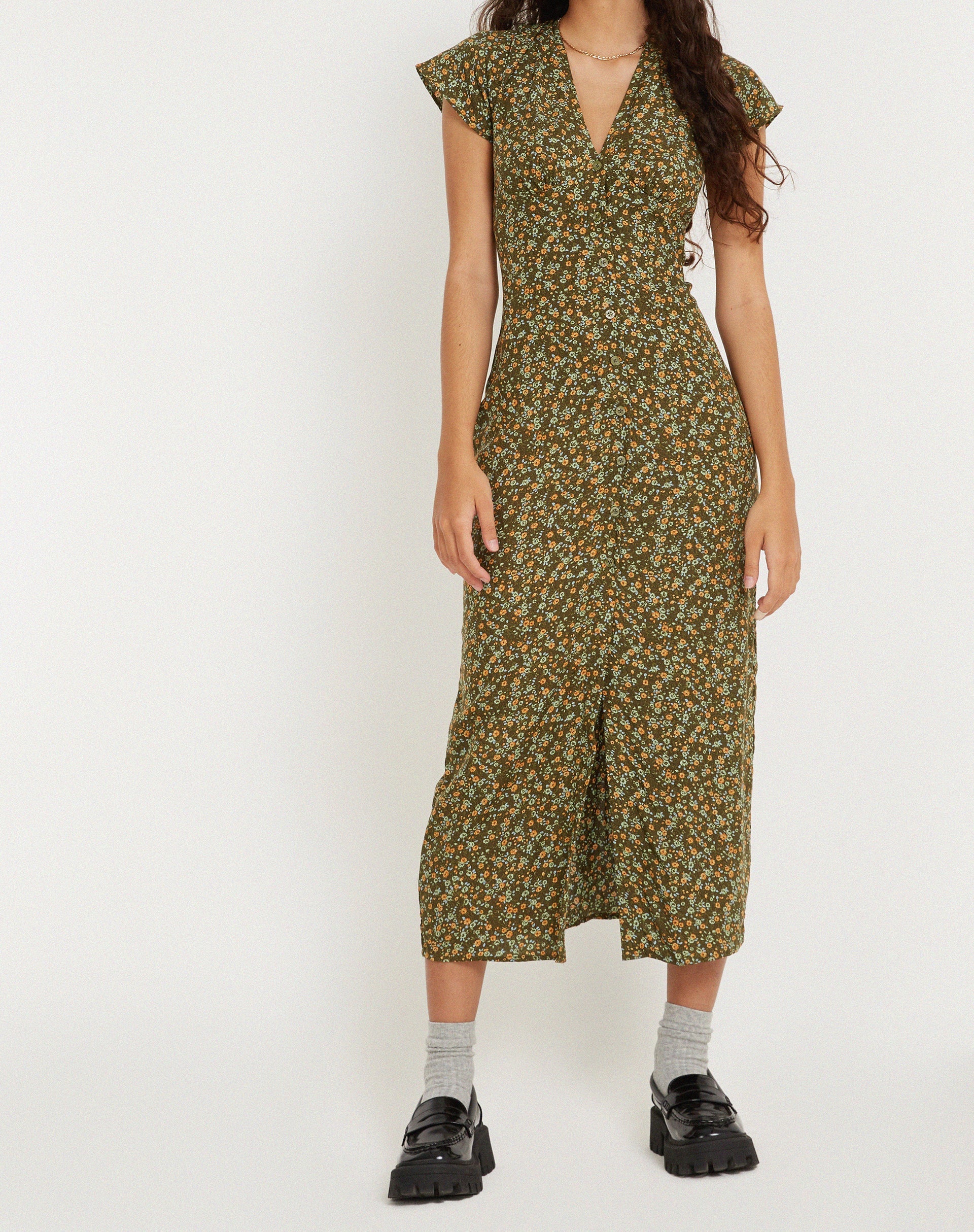 imagen de Larin Midi Dress in Grungey Floral Khaki