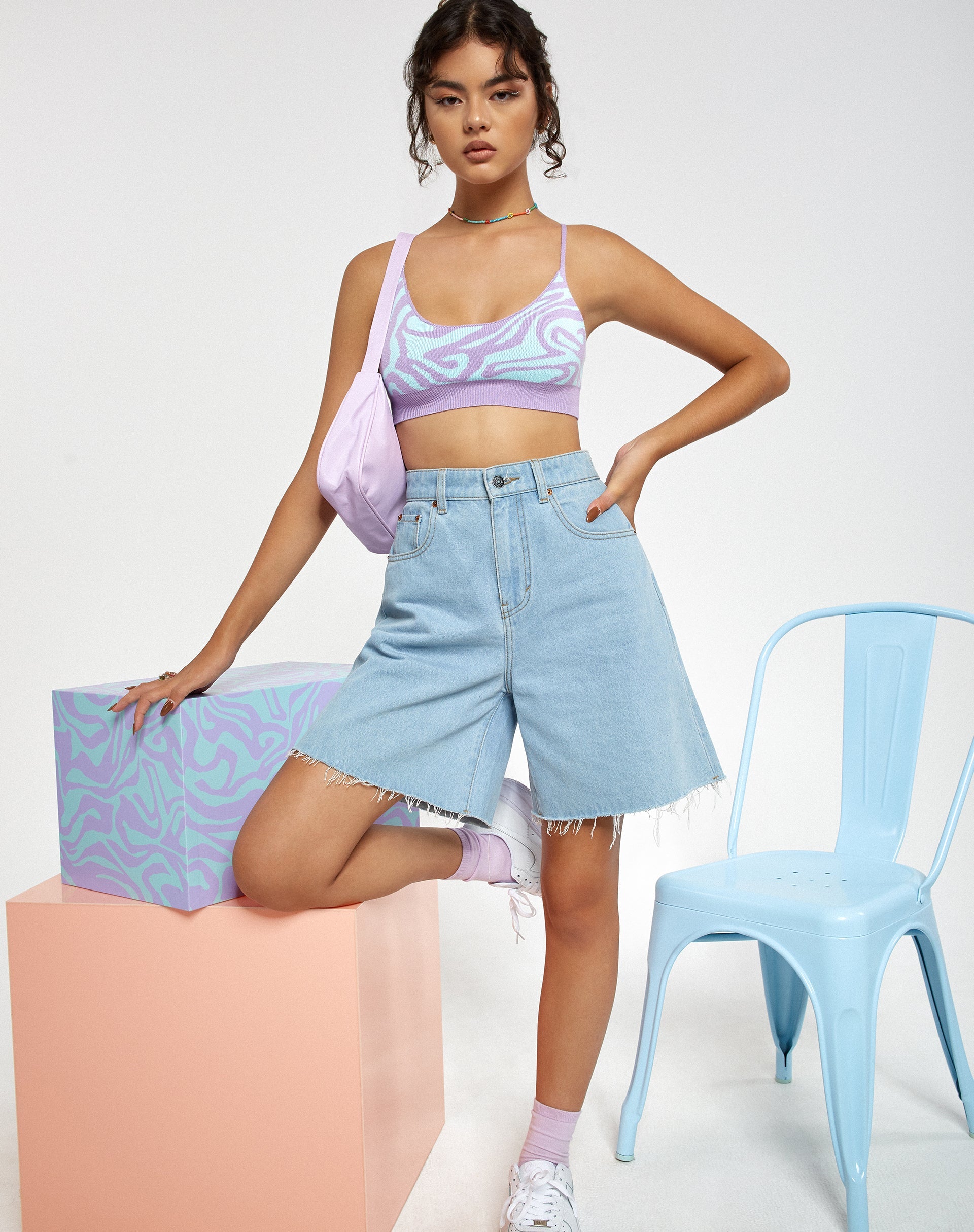 Imagen de Motel X Barbara Kristoffersen Lian Crop Top de punto Jagged Swirl Lavanda y menta