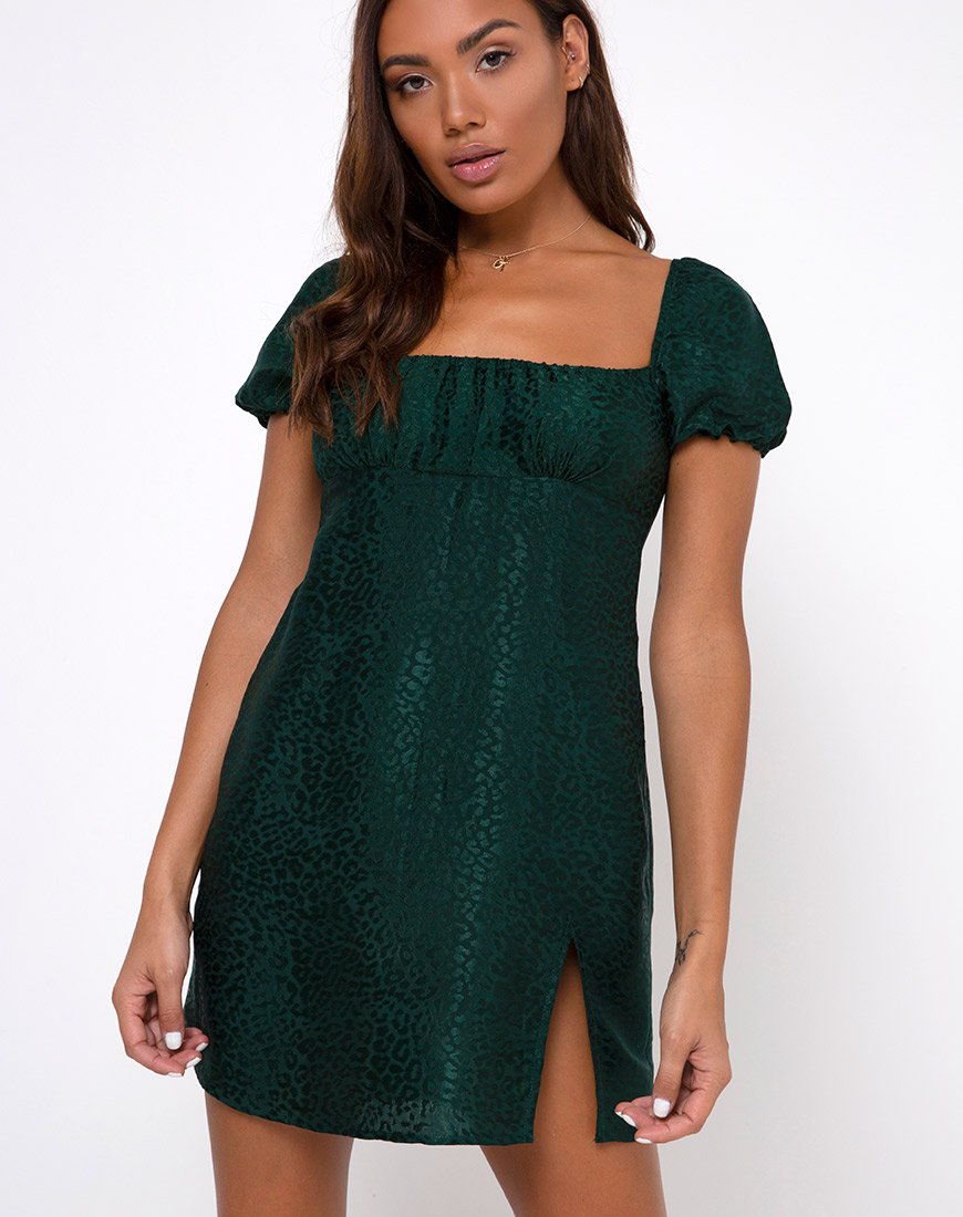 Mini Vestido Lonma en Satén Chita Verde Bosque