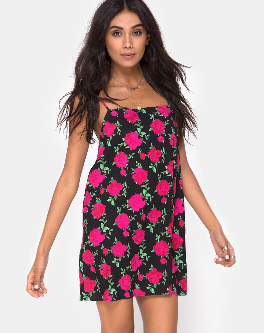 Lura Slip Dress en Valeria Rose Negro y Rojo