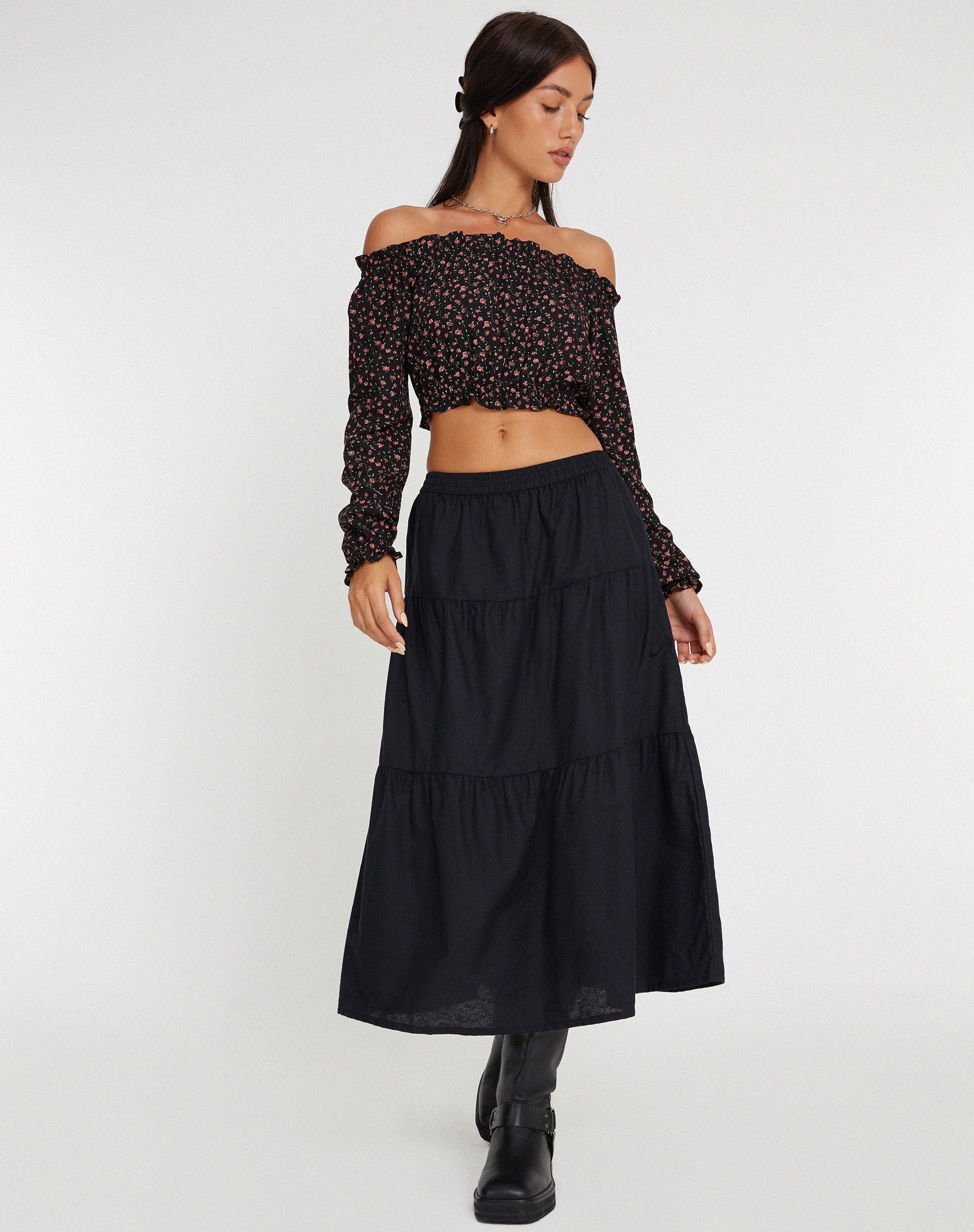 imagen de Madley Long Sleeve Bardot Top en Rosa Oscuro Rosa Negro