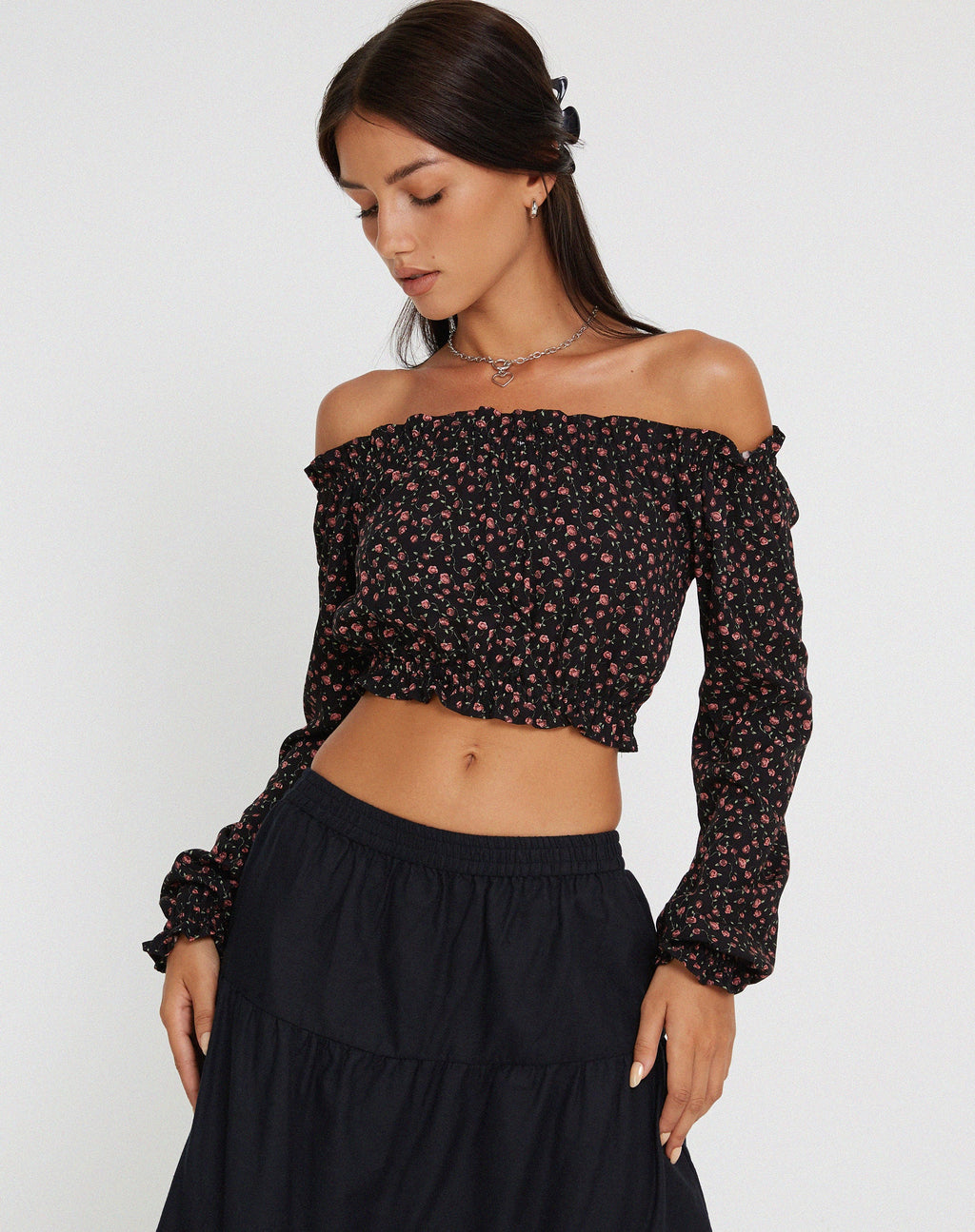 Madley Top Bardot de Manga Larga en Rosa Oscuro Rosa Negro
