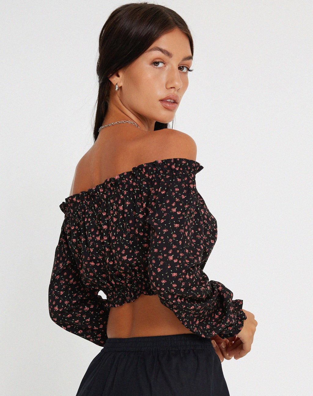 Madley Top Bardot de Manga Larga en Rosa Oscuro Rosa Negro