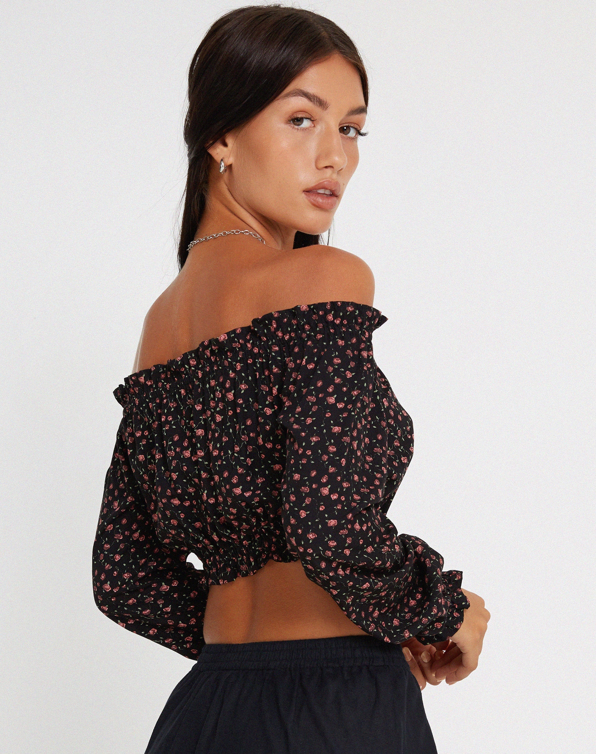imagen de Madley Long Sleeve Bardot Top en Rosa Oscuro Rosa Negro