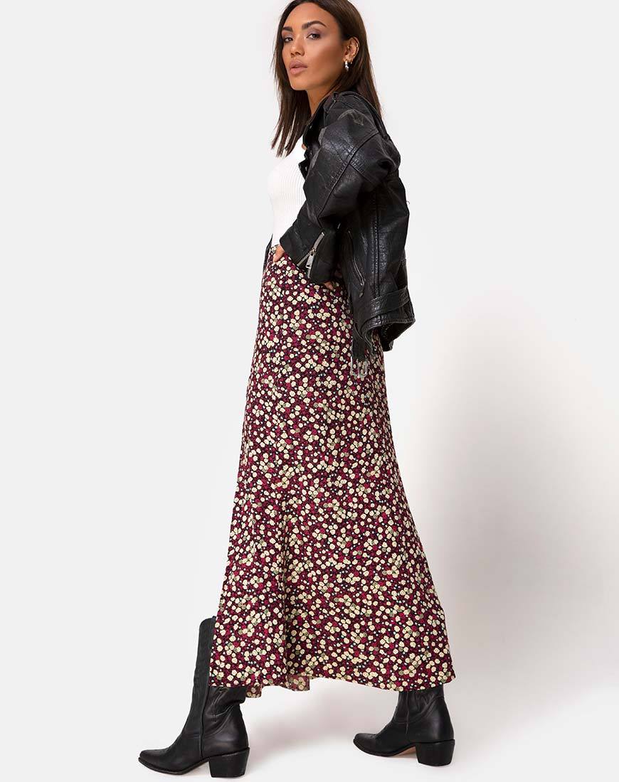 Maxi Falda Mica en Floral Campo Ciruela