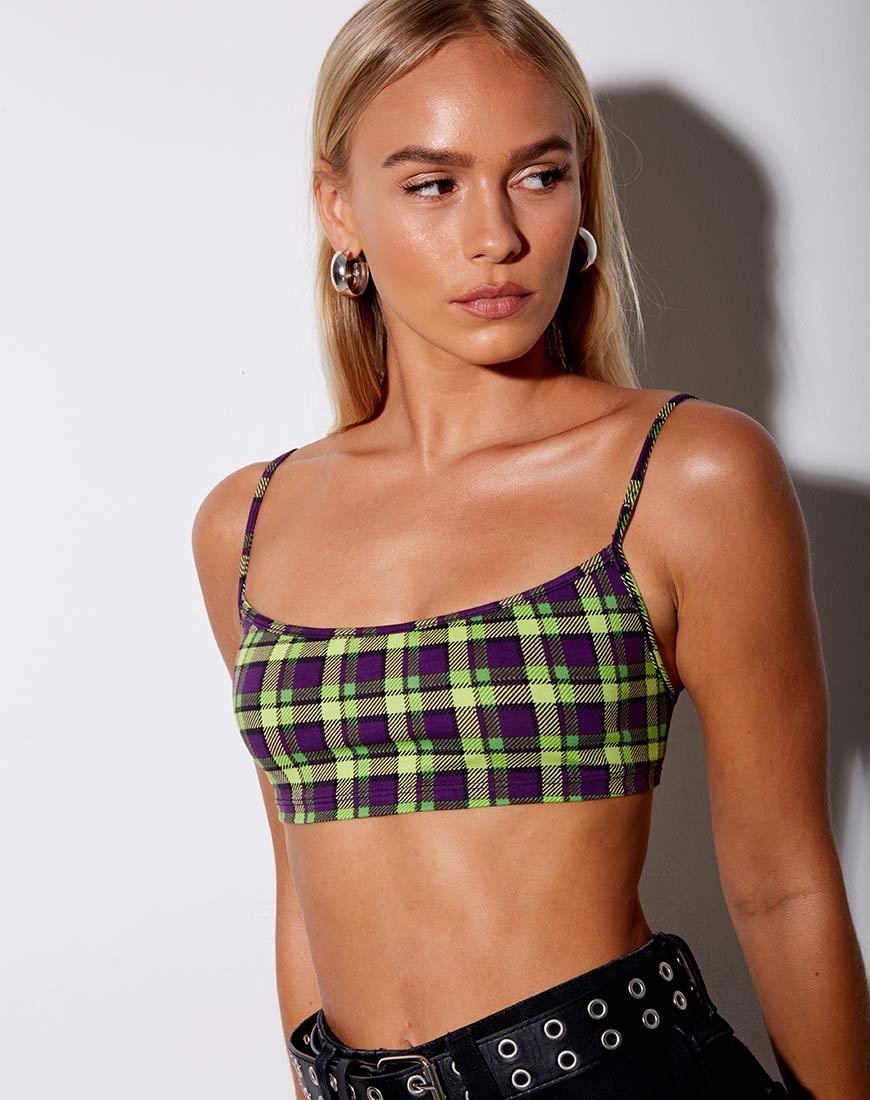 Micro Crop Top de cuadros verdes y morados