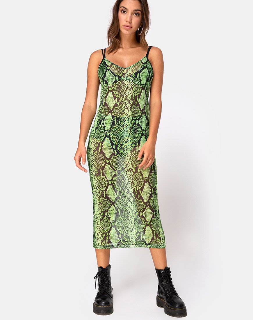 Vestido Midi Midnight en malla de serpiente lima limo