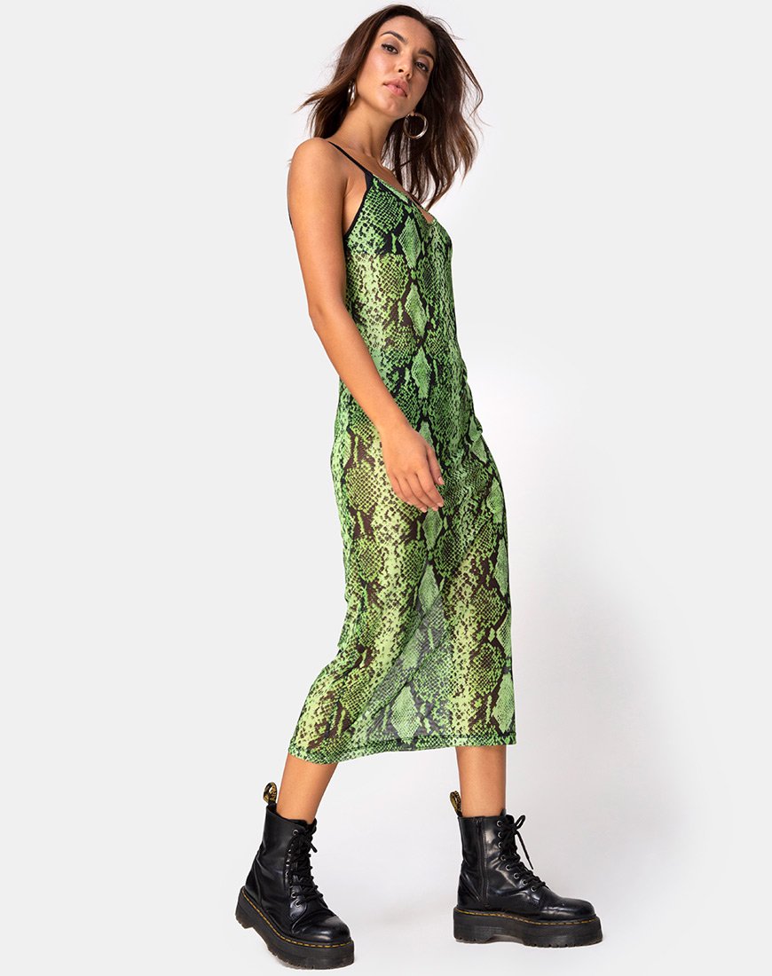 Vestido Midi Midnight en malla de serpiente lima limo