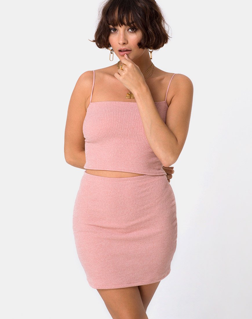 Top de cuello alto Moeena en punto de canalé arrugado rosa