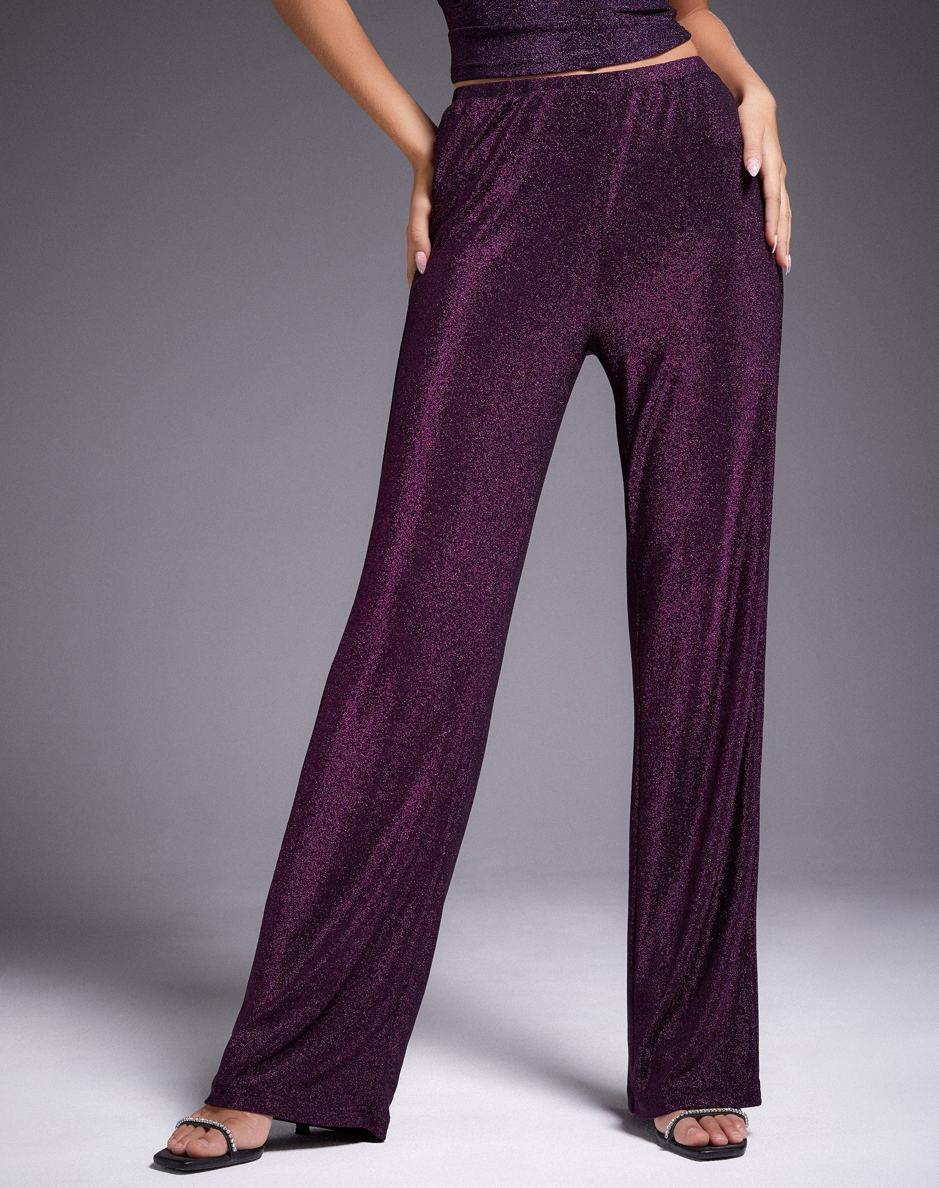 Imagen de Niran Pantalones de pierna ancha en Slinky Glitter Morado oscuro