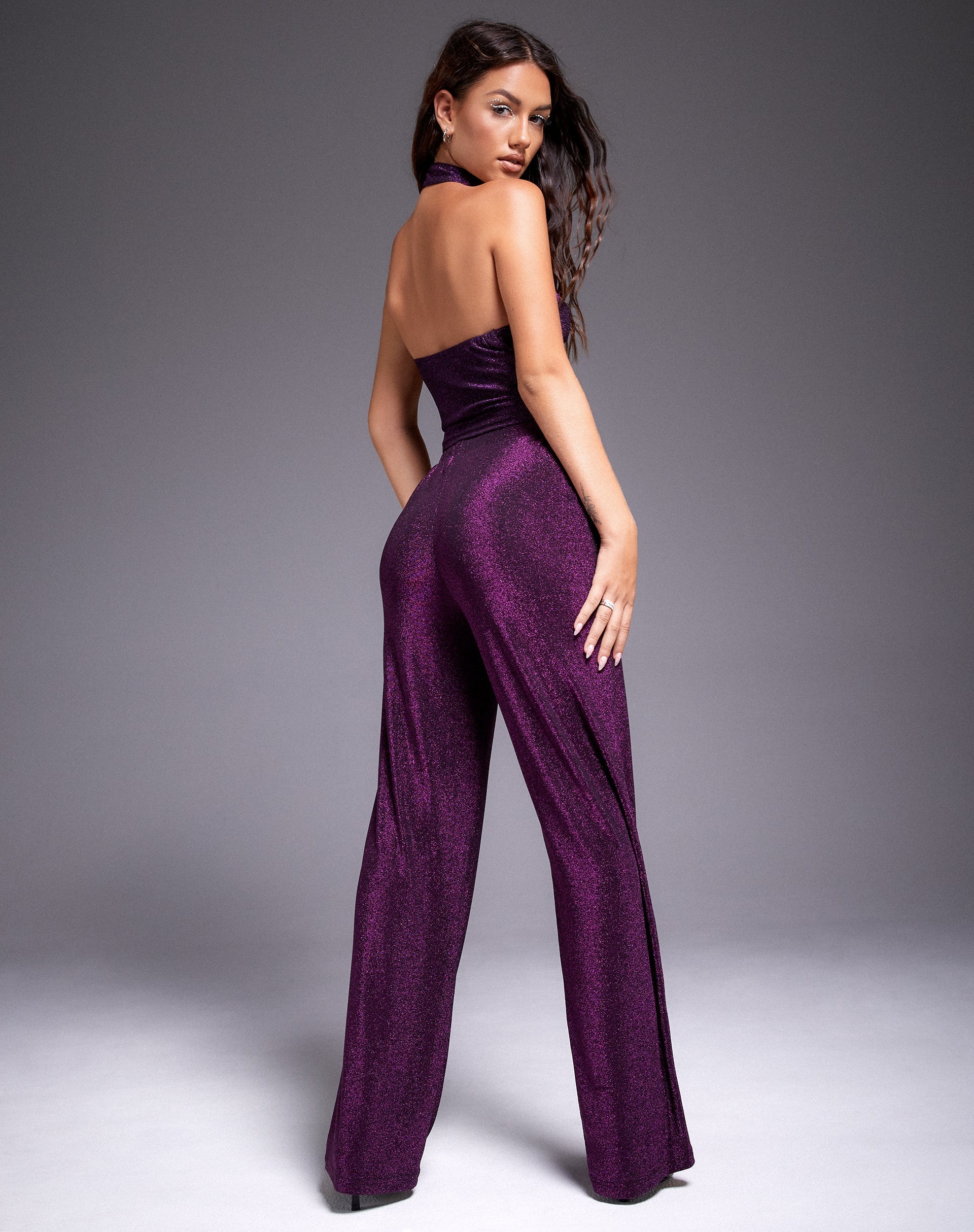Imagen de Niran Pantalones de pierna ancha en Slinky Glitter Morado oscuro