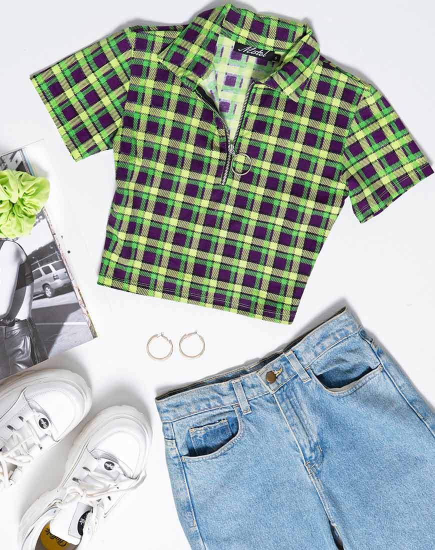 Dhen Crop Top de cuadros verdes y morados