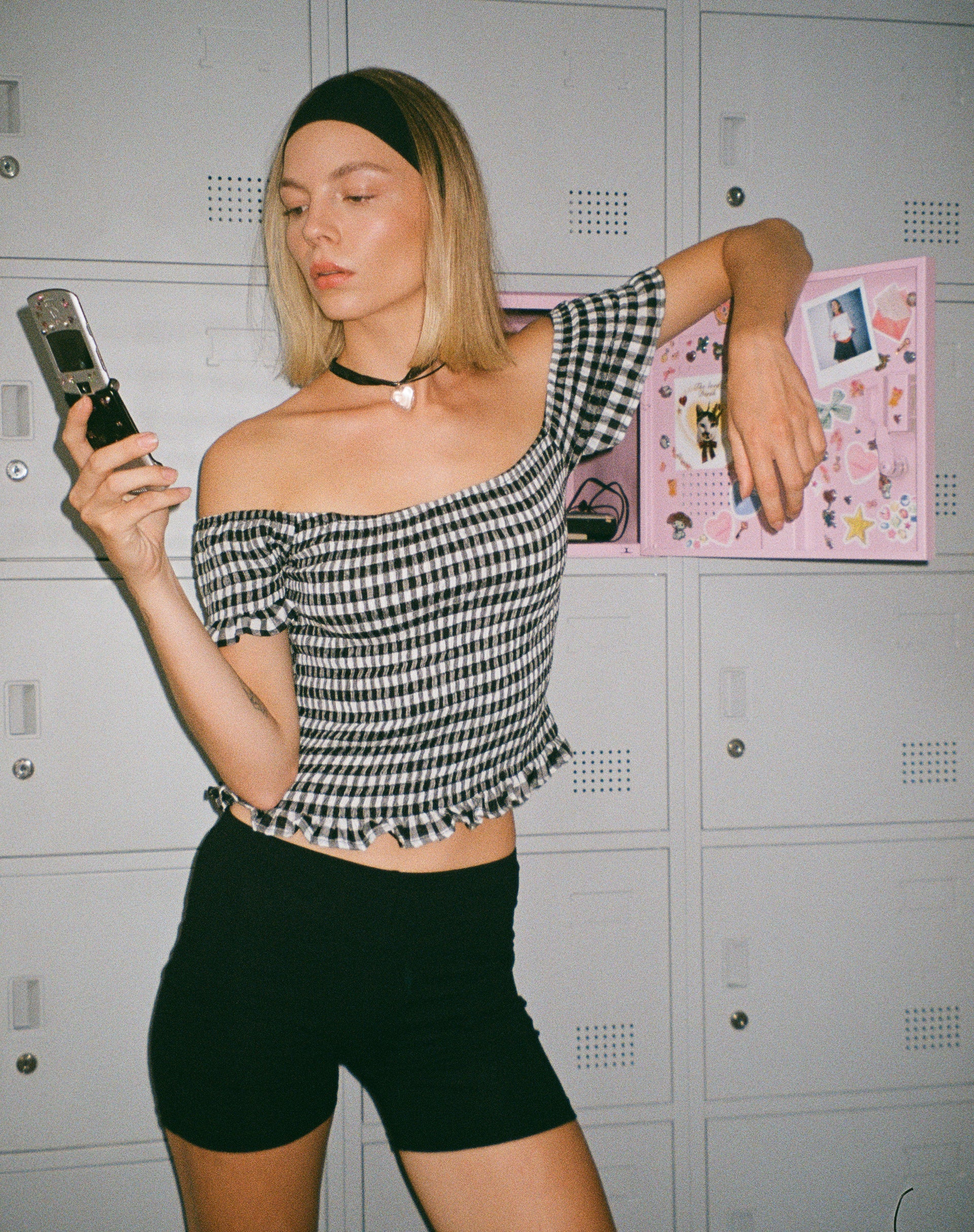 Imagen de Neema Shirred Bardot Top in Mini Gingham Black and White