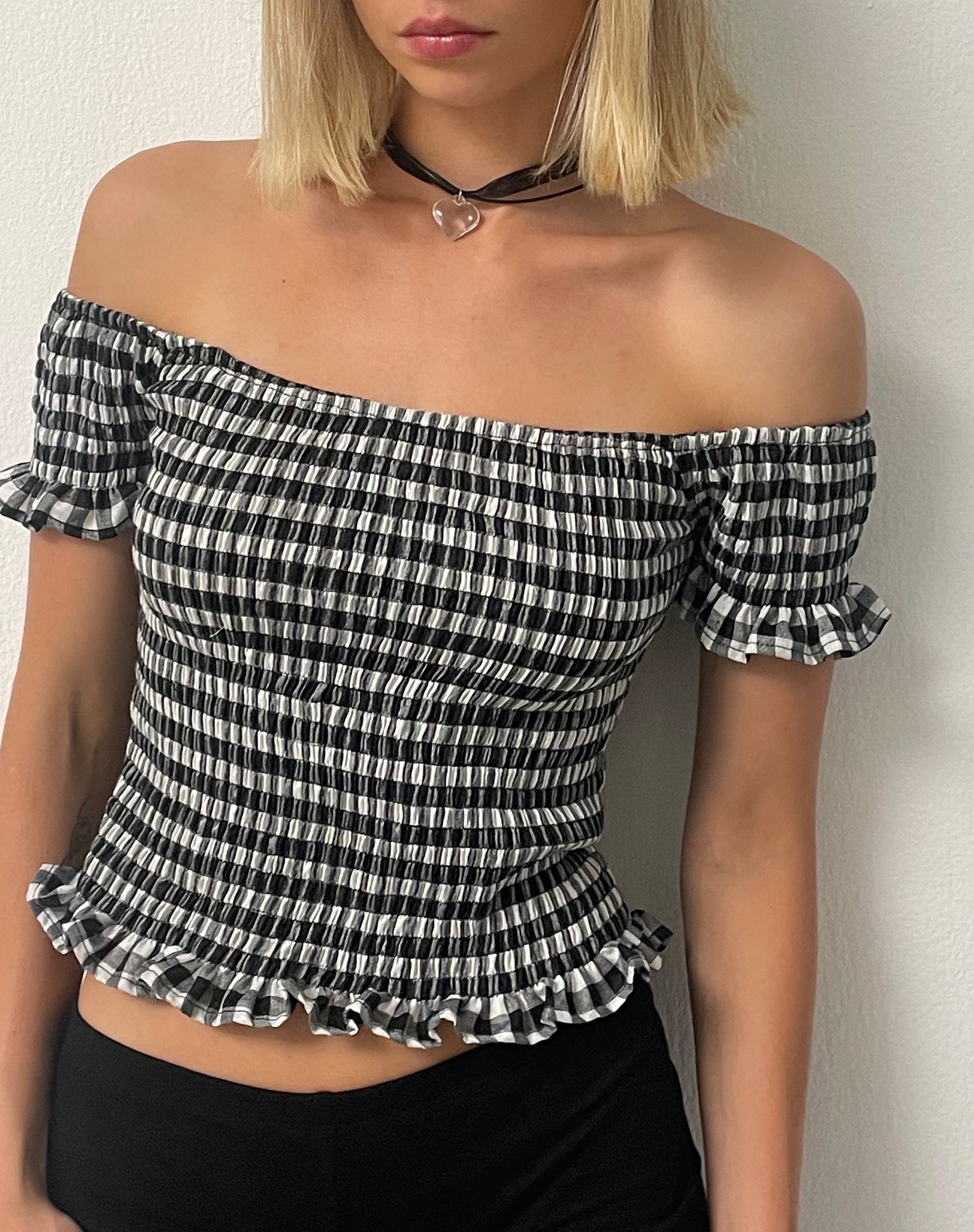 Imagen de Neema Shirred Bardot Top in Mini Gingham Black and White