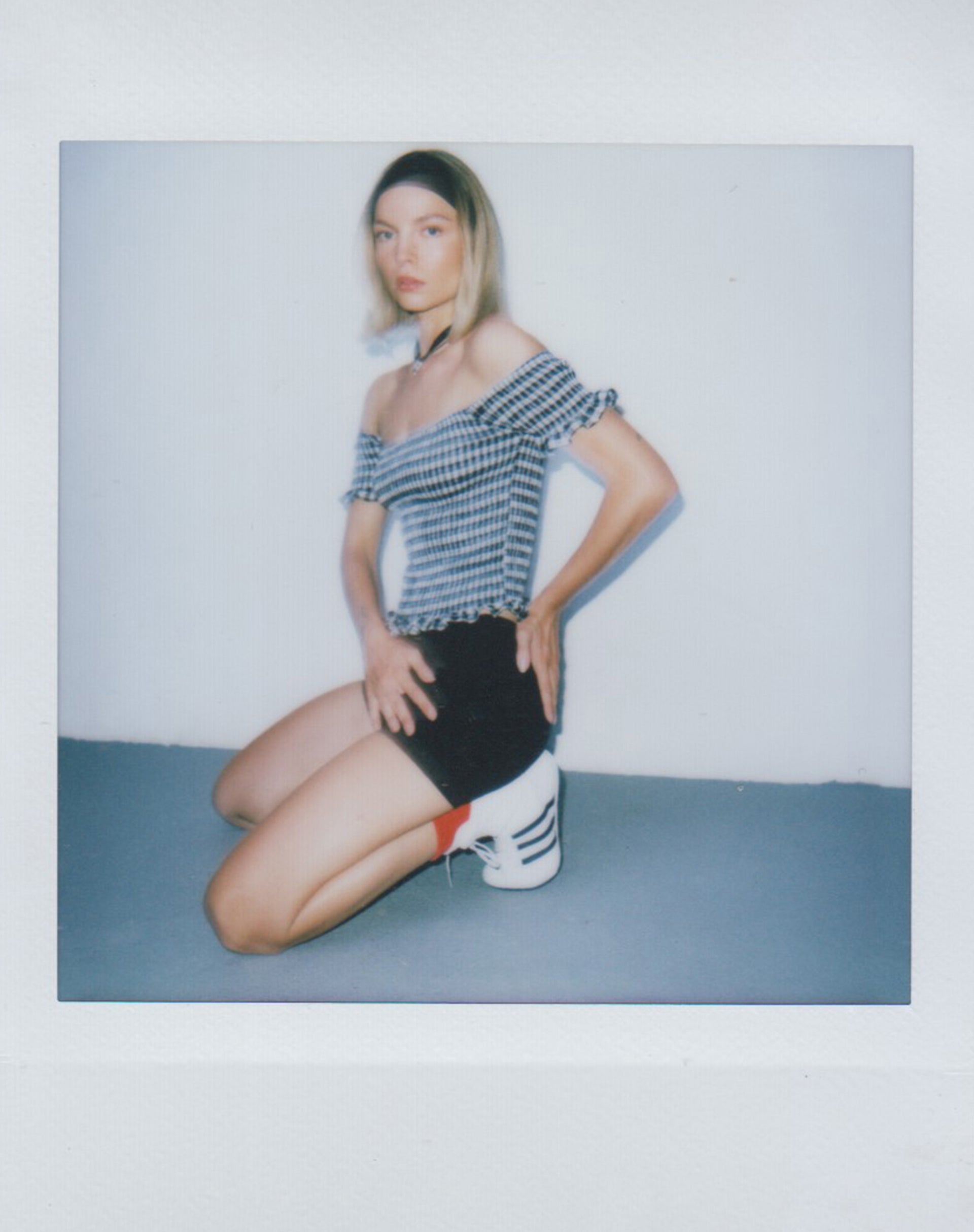 Imagen de Neema Shirred Bardot Top in Mini Gingham Black and White
