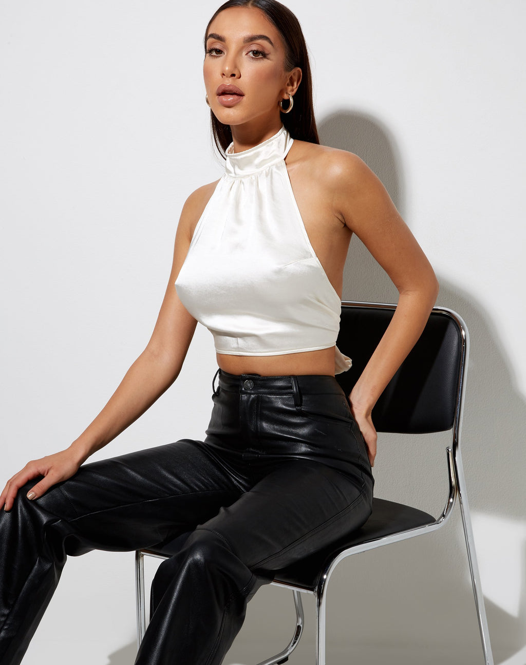 Noela Crop Top de satén marfil