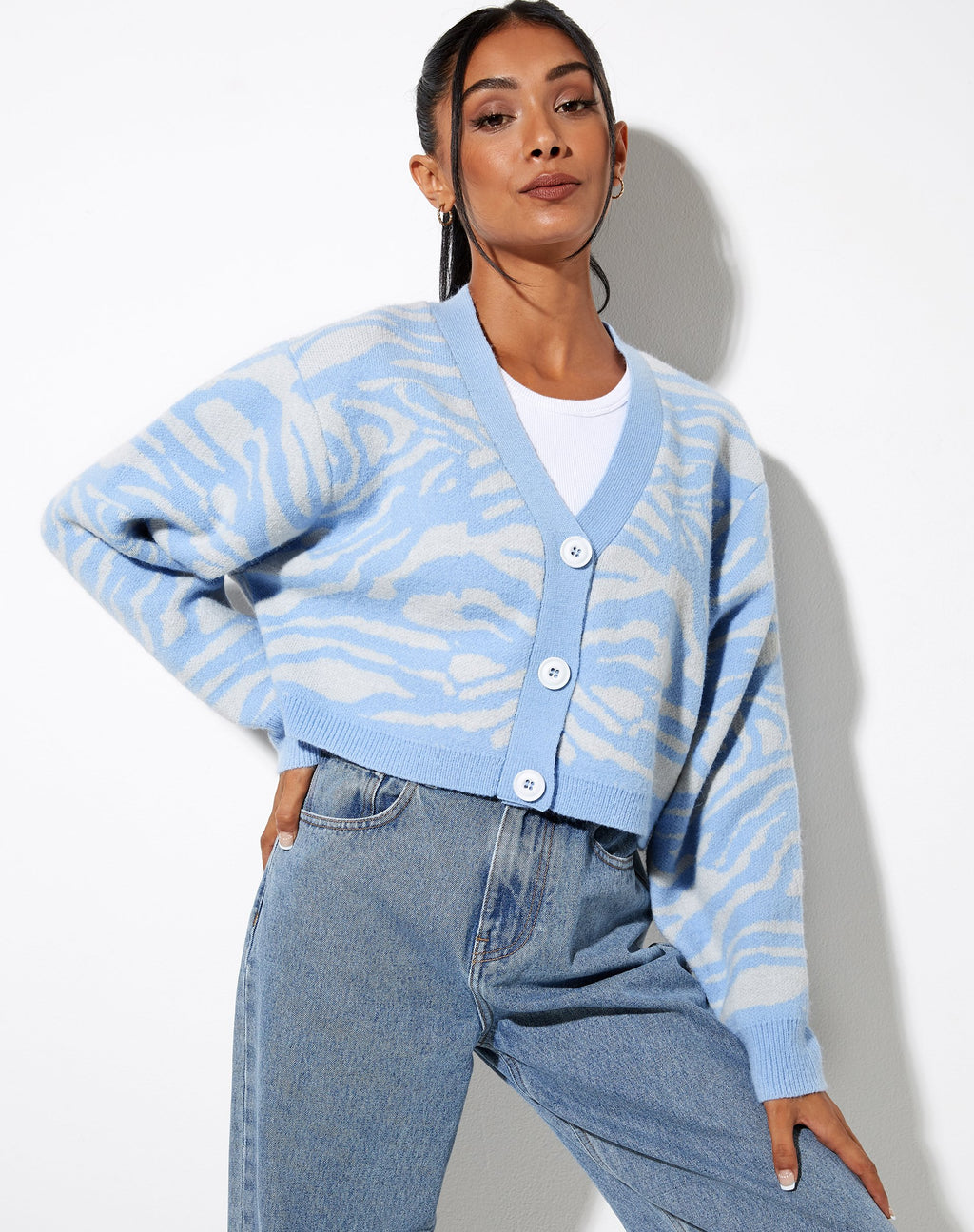 Olina Cropped Cardi en Zebra Azul Gris