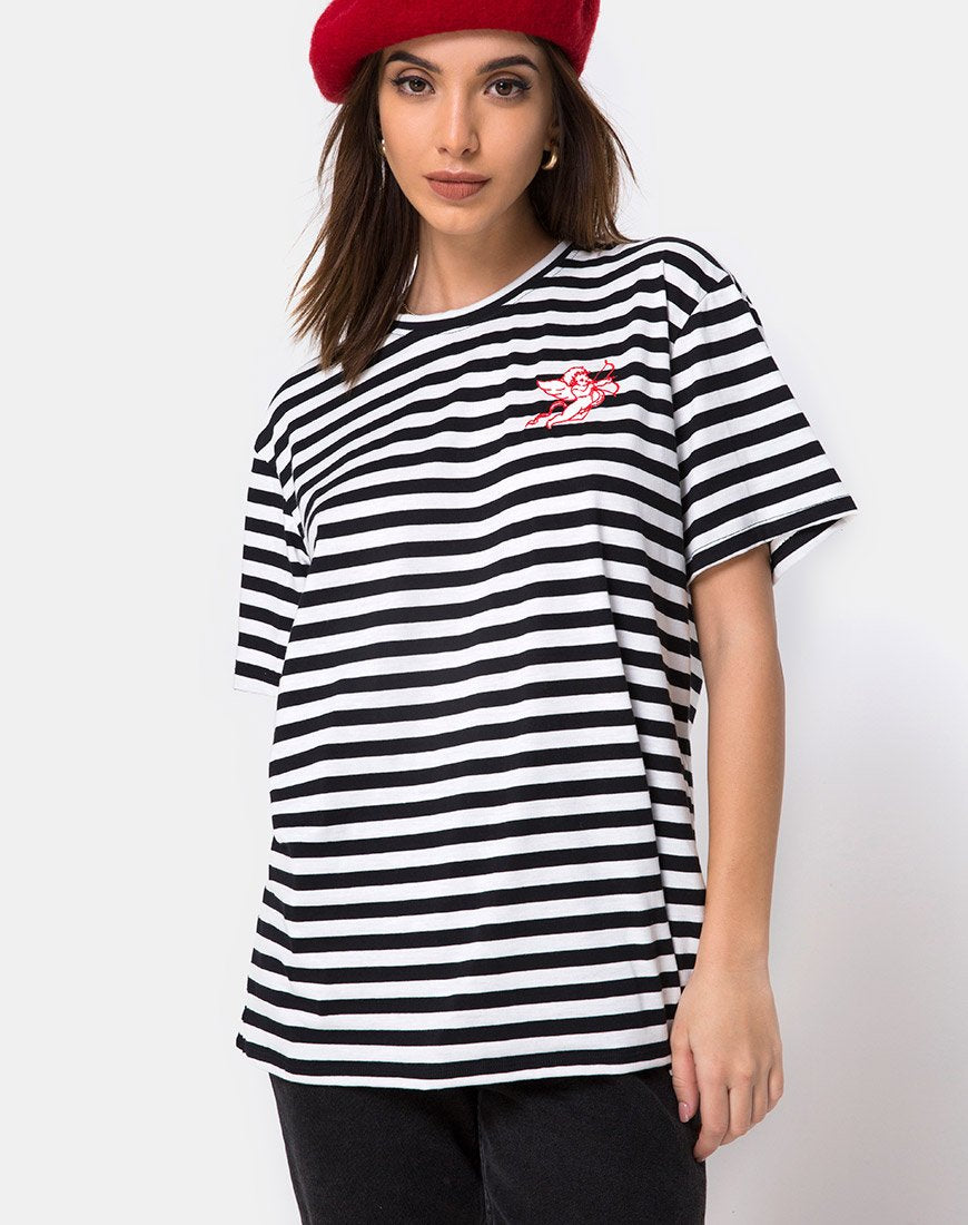 Camiseta básica oversize de rayas blancas y negras con bordado de querubines