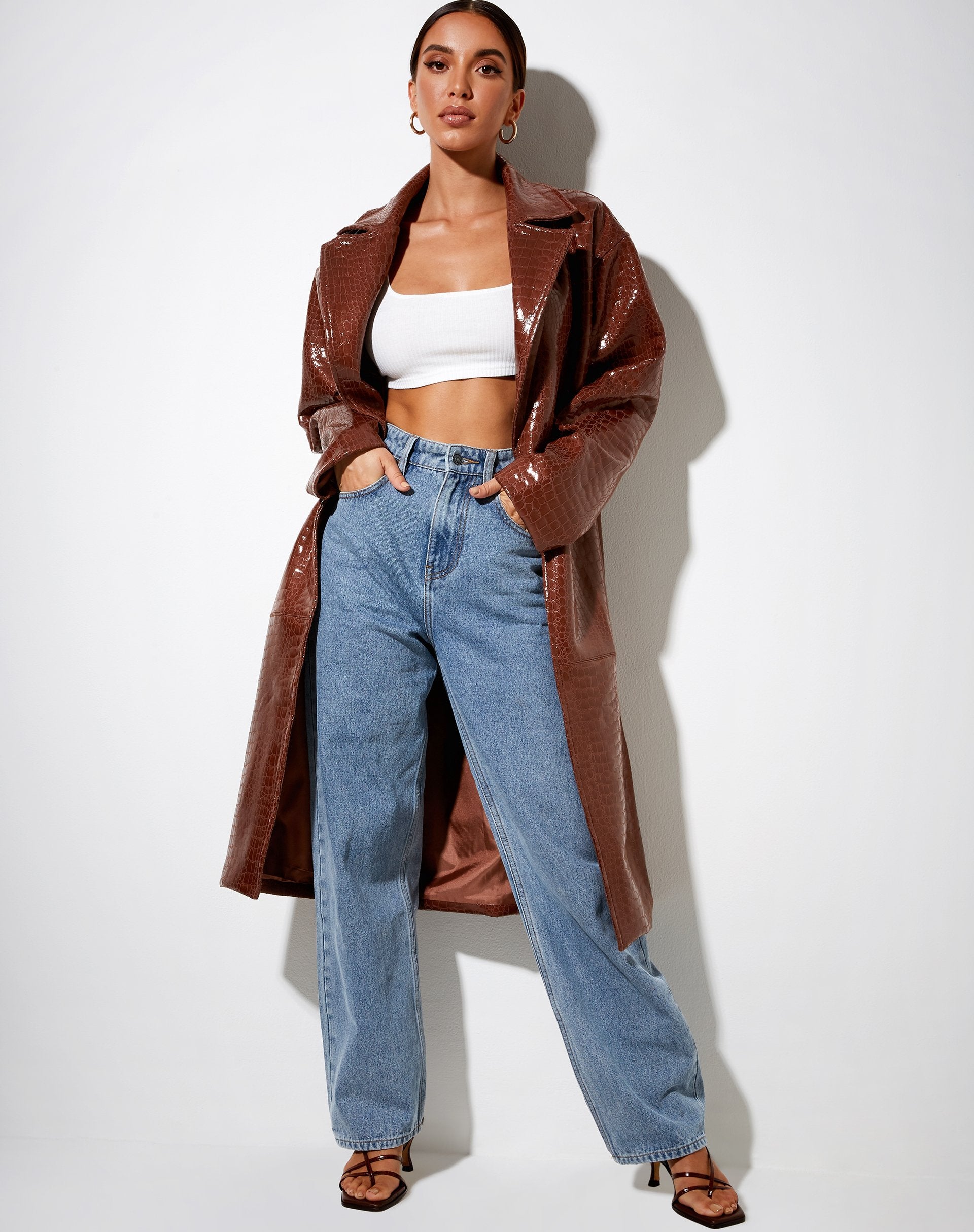 Imagen de Duster Longline Coat in Croc Pu Marrón