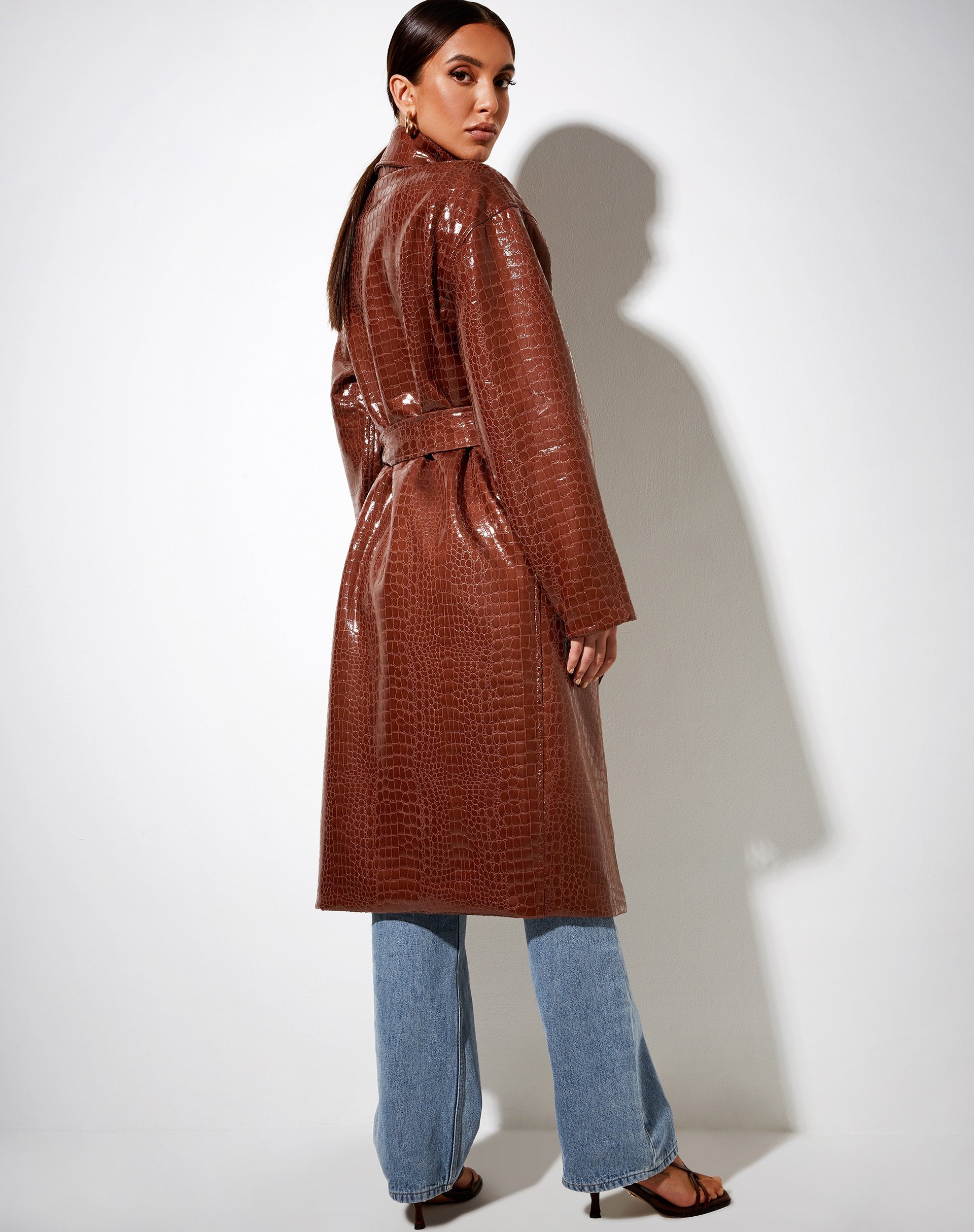 Imagen de Duster Longline Coat in Croc Pu Marrón
