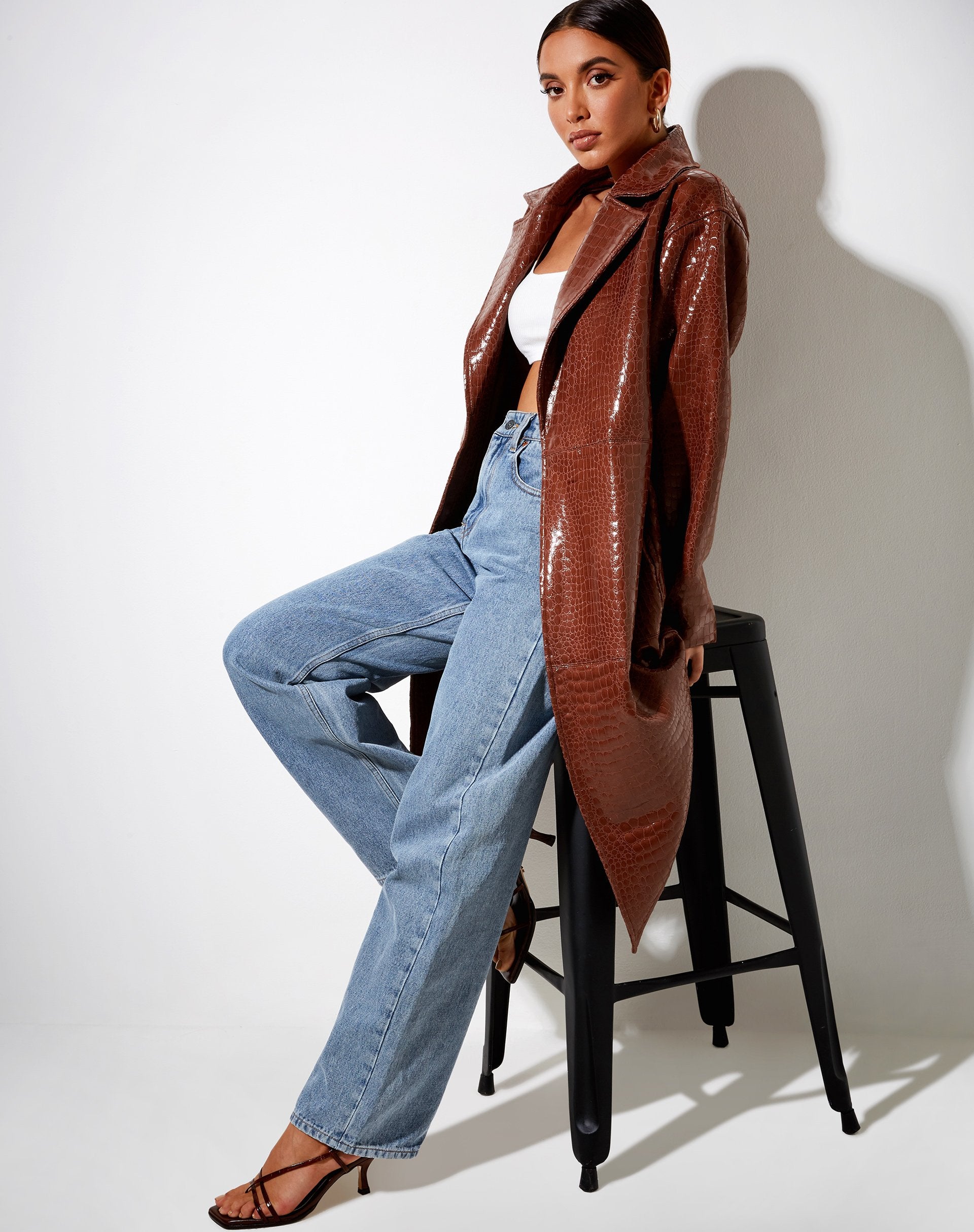 Imagen de Duster Longline Coat in Croc Pu Marrón