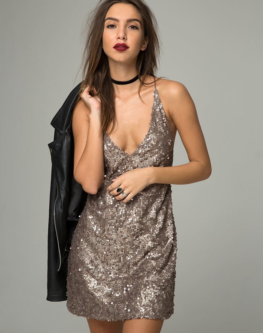 Vestido Purpura de lentejuelas con purpurina Oro Antiguo