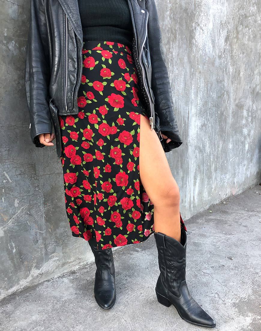 Saika Falda Midi en Roaming Rose Negro