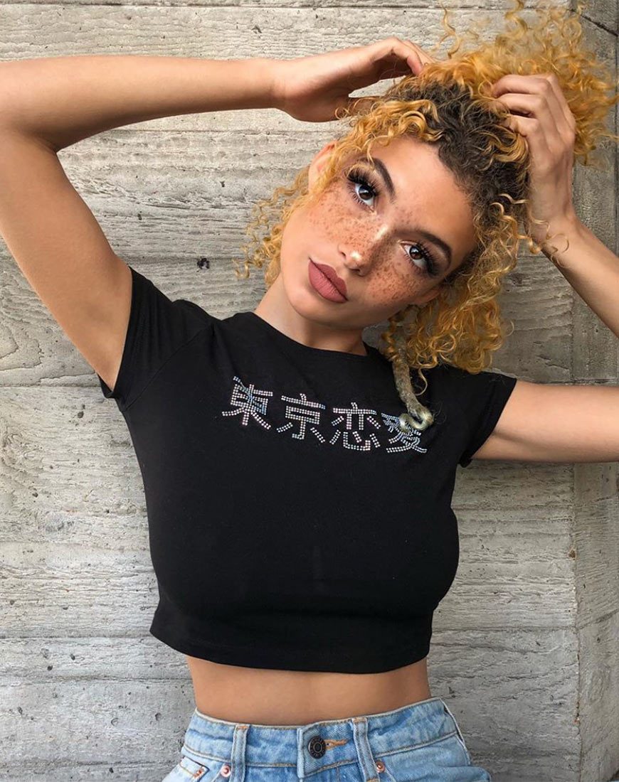 Imagen de Tiney Crop Top Tee in Black with Diamante Hotfix