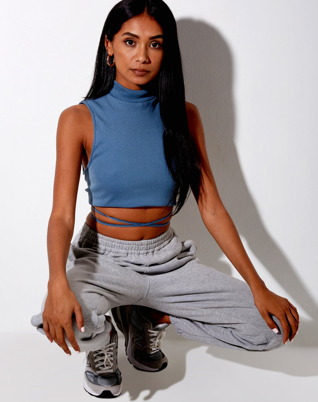 Quera Crop Top de canalé azul mineral