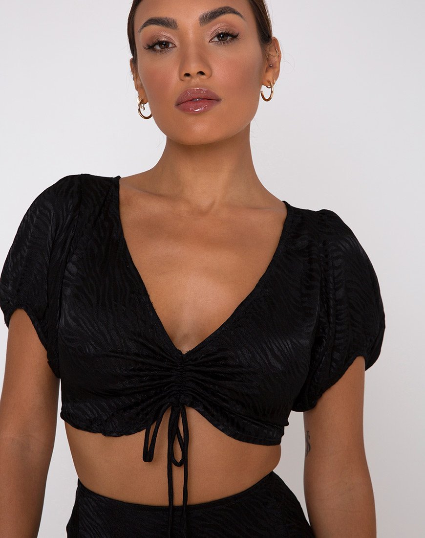 Raemzi Crop Top de satén cebra negro