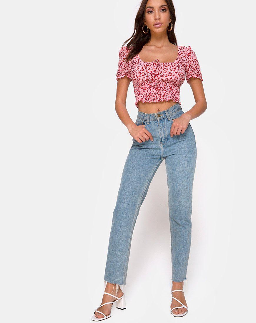 Imagen de Raquel Crop Top en Ditsy Butterfly Melocotón y Rojo