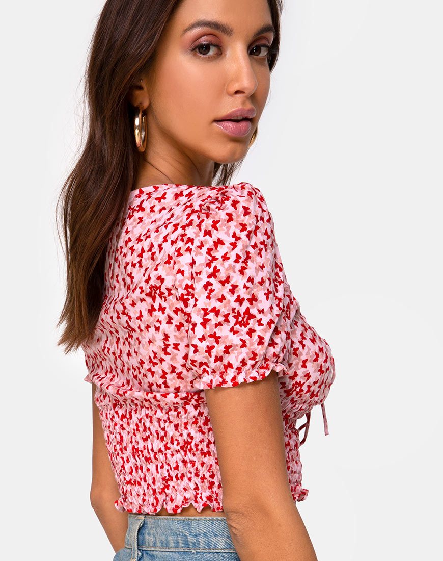 Imagen de Raquel Crop Top en Ditsy Butterfly Melocotón y Rojo